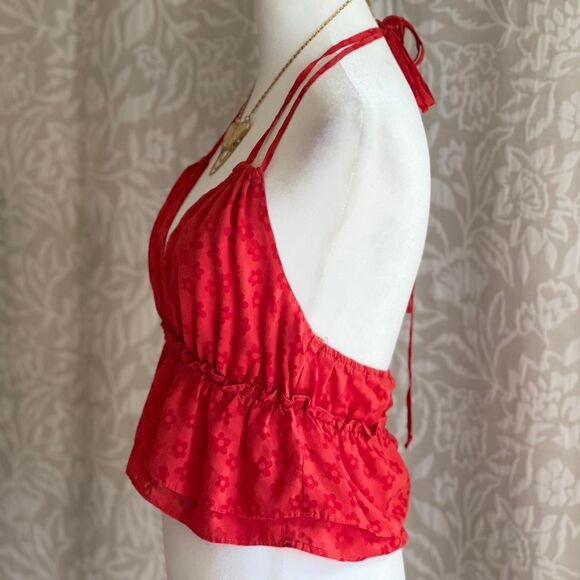Liberty Love Red Floral Ruffle Halter Top Boho Festival Fairycore Retro Size M - Picture 4 of 6